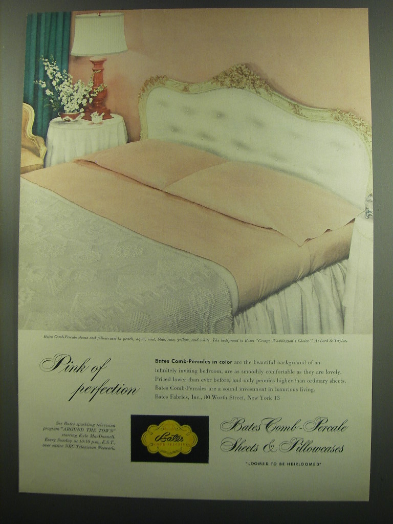 Primary image for 1949 Bates George Washington's Choice Bedspread and Comb-Percale Sheets Ad