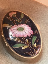 Vintage Floral Silvertone Oval w Dark Blue Enamel &amp; Pink Flower Top Trinket Box  - £14.77 GBP