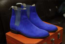 Handmade Men&#39;s Royal Blue Suede Leather Formal &amp; Casual Chelsea Boots- U... - £142.22 GBP
