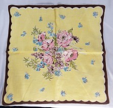 Vintage Linen Floral Handkerchief Yellow Flowers Colorful Pink Blue Brown - £26.28 GBP