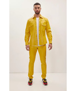 Trousers Leather Lambskin Men&#39;s Pant Yellow Genuine Biker Stylish Casual... - $158.23 CAD+
