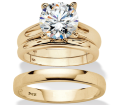 Round Cz Wedding 3 Gp Ring Set His Hers 18K Gold Sterling Silver 6 7 8 9 10 - £241.27 GBP