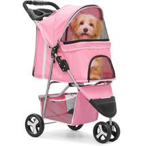 Foldable Pet Stroller For Cats And Dogs 3 Wheels Carrier Cart W/Cup Holder Pink - £72.95 GBP