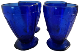 Vintage Cobalt Blue Cherry Blossom Glass Set of 4 Circa 1970&#39;s - £26.57 GBP