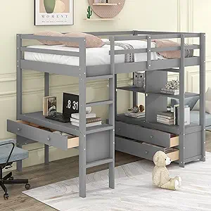 Merax Twin Loft Bed with Desk and Storage, Wood Bed Frame with Multi-Dra... - £711.08 GBP