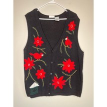 1990s Capacity Floral Poinsettia Christmas Whimsical Cardinal Sweater Ve... - £42.52 GBP