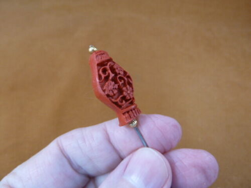 U38) 27x15mm red Cinnabar floral carved beaded gold hatpin Pin hat pins ... - $10.39