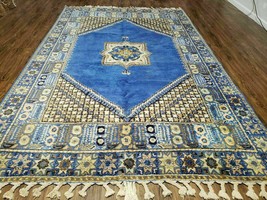7&#39; X 10&#39; 5&quot; Handmade Moroccan Urban Rabat Wool Carpet Blue Area Rug - £1,271.85 GBP