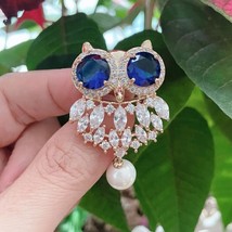 14K Yellow Gold Plated 2.40Ct  Marquise Simulated  Blue Sapphire Owl Brooch Pin - £126.58 GBP