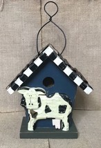 Whimsical Rustic Distressed Wood Cow Birdhouse Checkered &amp; Metal Roof Fa... - $23.76