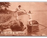 Romance Couple on Boat The Catch of the Season Sepia DB Postcard U8 - $4.90