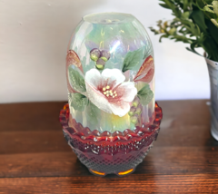 Fenton Magnolia Blush on Opalescent Ruby Red Glass Hand Painted Fairy La... - £109.64 GBP