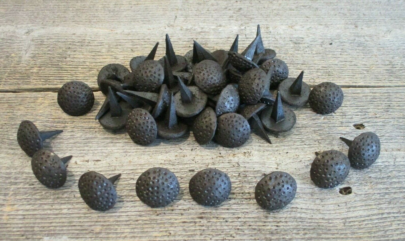 Primary image for 15 DECORATIVE NAILS CLAVOS HAND FORGED METAL TACKS 1 1/8" BLACK DENTED PRIMITIVE