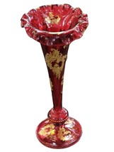 Bohemian Ruby Cranberry Gold Enameled Jack in the Pulpit Vase Ruffled 16.75&quot; Gia - $594.00