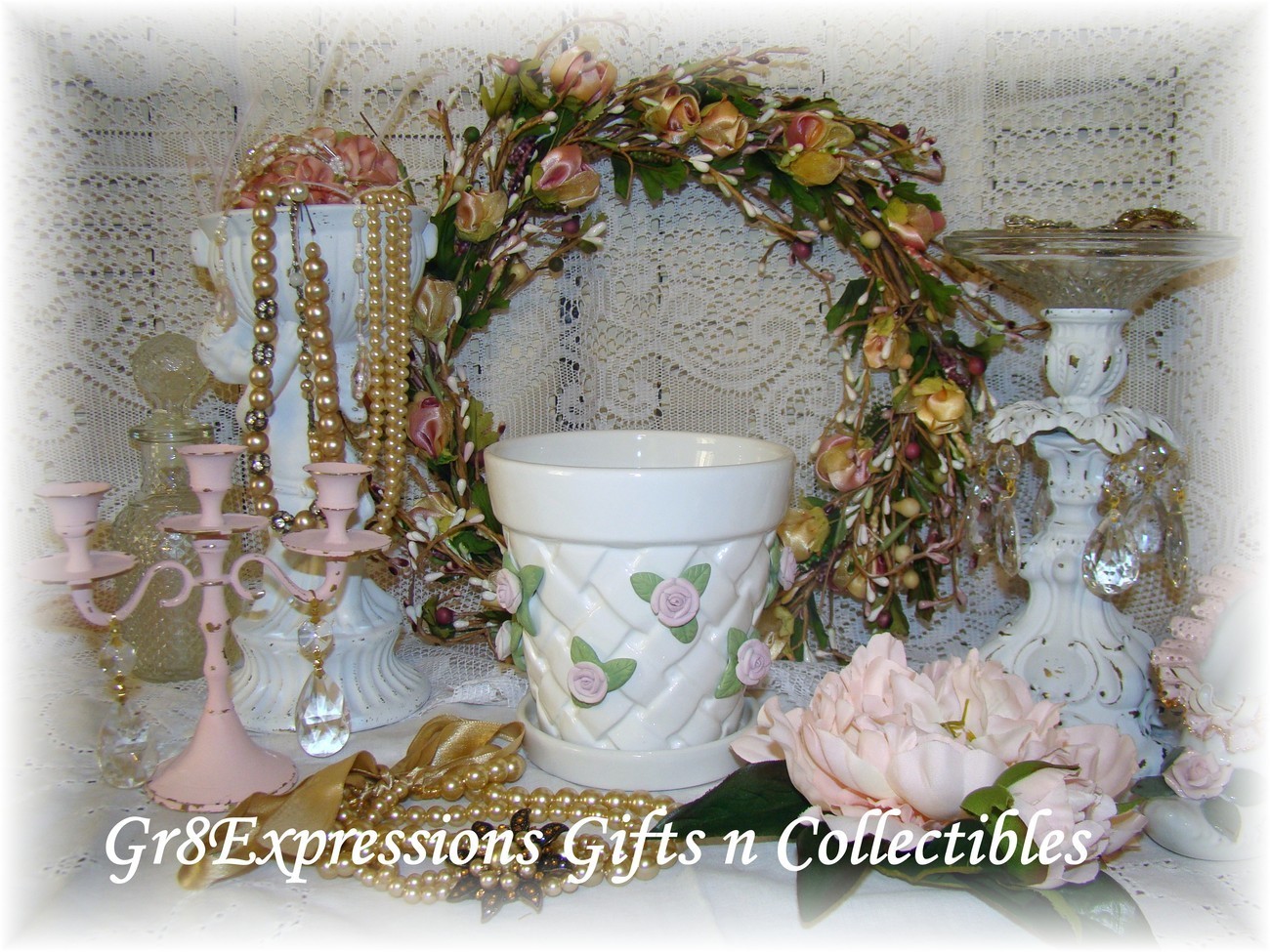 Shabby White Lattice Flower Pot~Applied Chic Pink Roses - $8.95