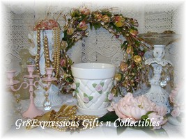 Shabby White Lattice Flower Pot~Applied Chic Pink Roses - £7.04 GBP