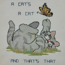 Cat Embroidery Finished Butterfly Gray Tabby Monarch Orange Black Vtg - $9.95