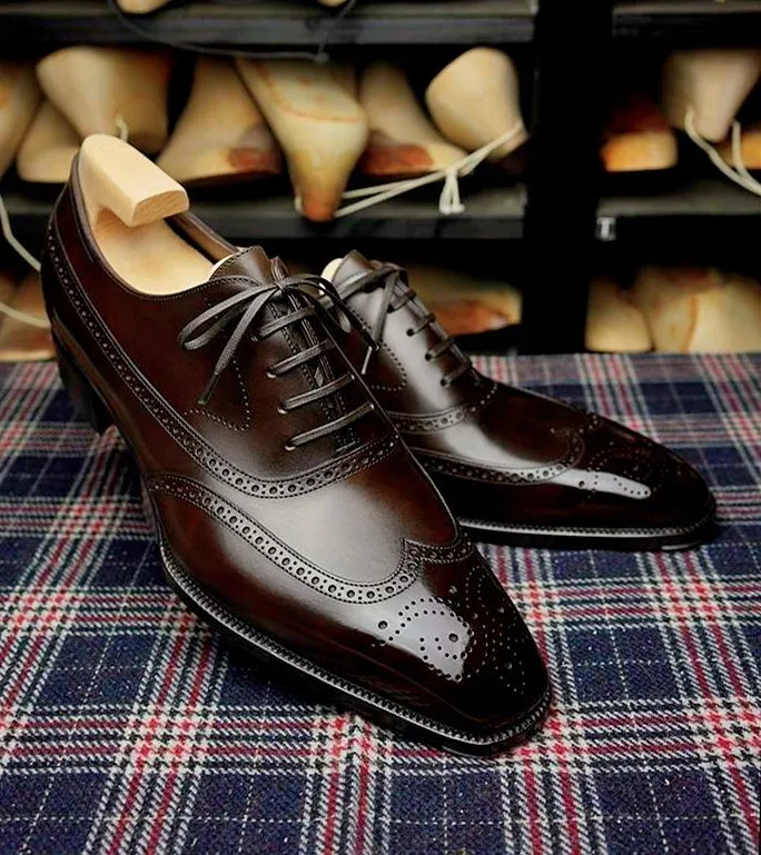 Men&#39;s Handmade Brown Leather Wingtip Medallion Chiseled Toe Lace Up Oxfo... - $159.99