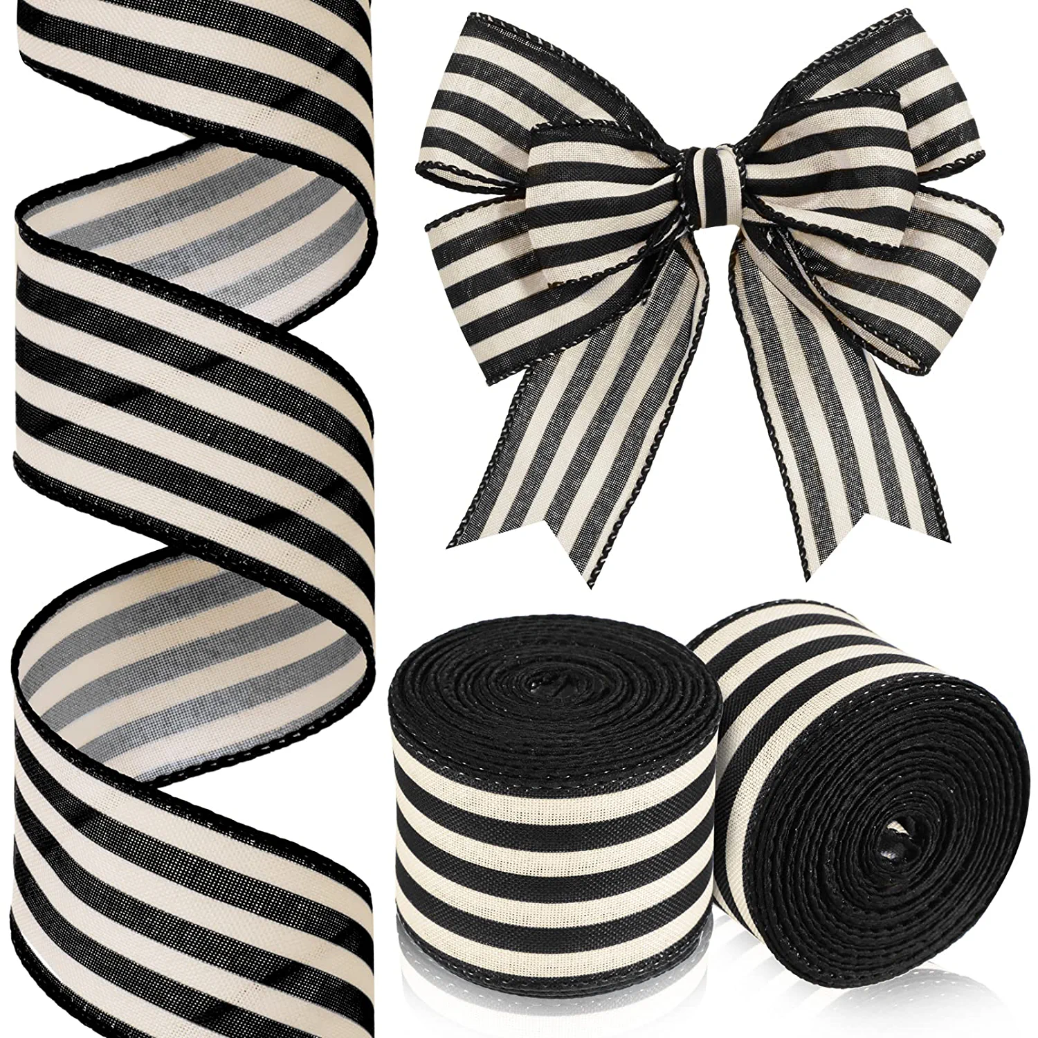 2 Rolls 20 Yard Black And White Stripes Wired Edge Ribbon Rustic Ivory R... - £22.02 GBP