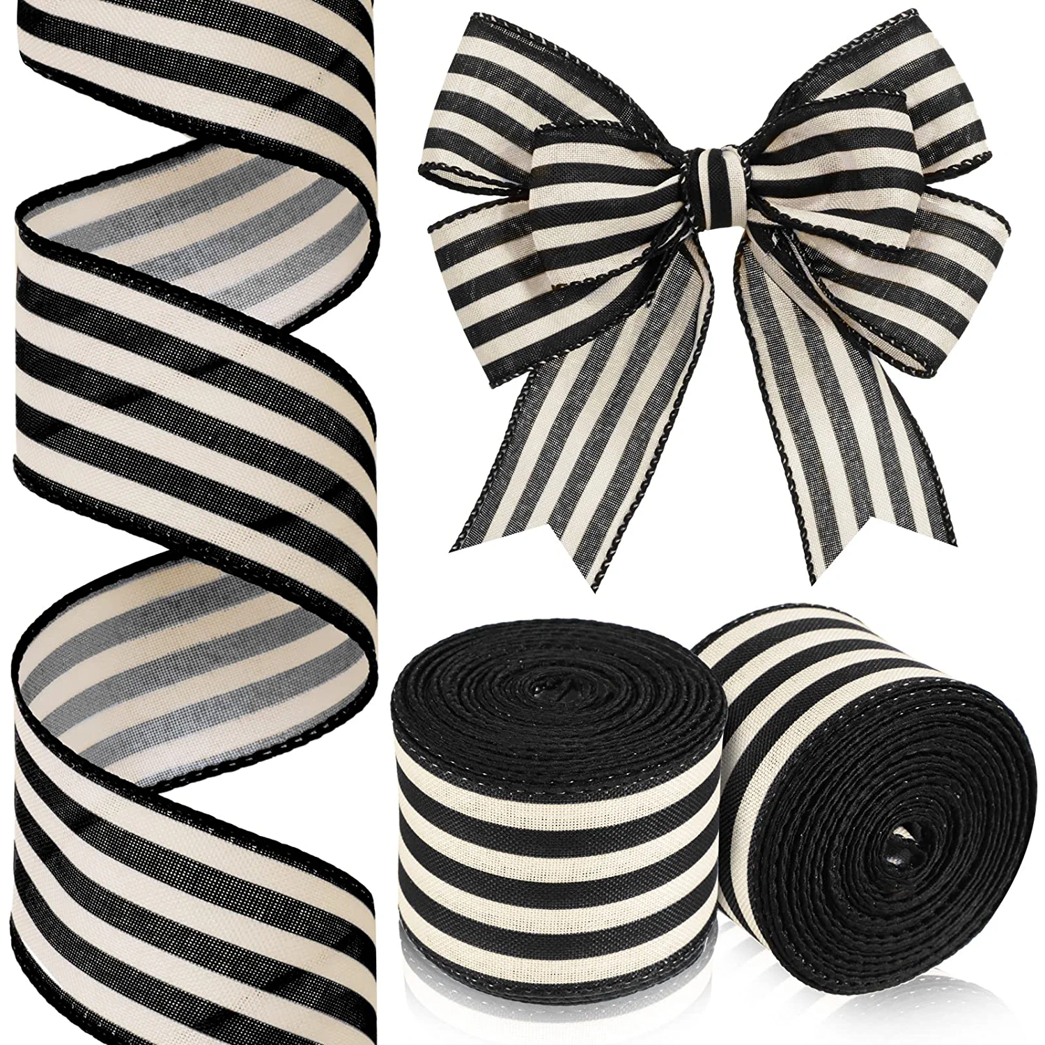 2 Rolls 20 Yard Black And White Stripes Wired Edge Ribbon Rustic Ivory R... - £22.30 GBP