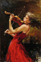 Art Oil painting young Beautiful red violin girl hand painted On canvas 24x36 - £52.30 GBP