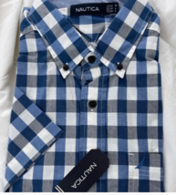 NAUTICA Shirt Short Sleeve Button Down Shirt, Medium Blue White Plaid - $36.00