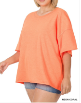 Zenana  2X French Terry Oversized Drop Shoulder Round Neck Raw Hem Tee N Coral - £12.27 GBP