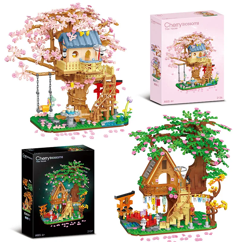Creative 1400+Pcs Cheery Blossoms Tree House Model Building Blocks Sakura - £39.16 GBP+