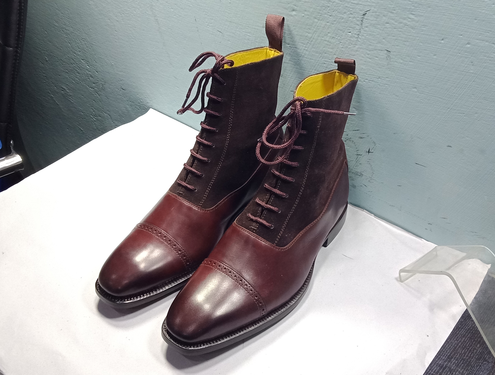 NEW Handmade 2 Tone Burgundy Ankle Boot, Cap Toe Boot, Men Leather Suede Laceup