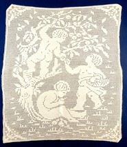 Hand Crocheted Picture 3 Boys Cherubs Picking Apples Tree Ivory Lace 16 x 18.5 - £16.51 GBP