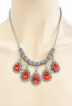 Siam Red Acrylic Rhinestones Vintage Inspired Charmed Necklace, Fashion Jewelry  - £11.39 GBP