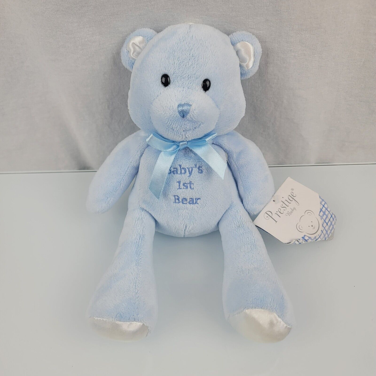 Prestige Baby's Babys First 1st Blue Teddy Bear Stuffed Plush Toy Rattle Satin - $79.19