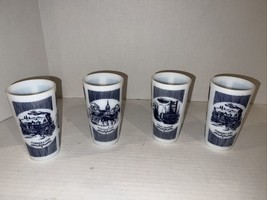 4 Vintage Hazel Atlas Currier &amp; Ives Summertime Milk Glass Tumblers Blue &amp; White - £9.58 GBP