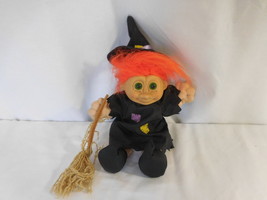 Troll Russ Halloween Witch with Broom + Hat 9 1/2&quot; soft body rare Vintage - £18.96 GBP