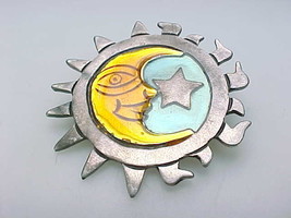 MOON &amp; STAR ENAMEL BROOCH Pin in STERLING SILVER - 11.2 grams - FREE SHI... - £43.58 GBP