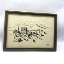 Vintage Black and White Framed Ink Drawing Moroccan African Village Signed &#39;82 - £19.08 GBP