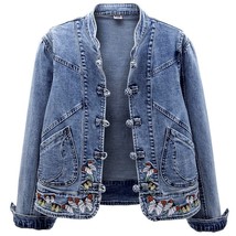 Short Denim Jacket Vintage Chinoiserie Embroidered Stretch Jacket Women&#39;s Spring - £37.73 GBP