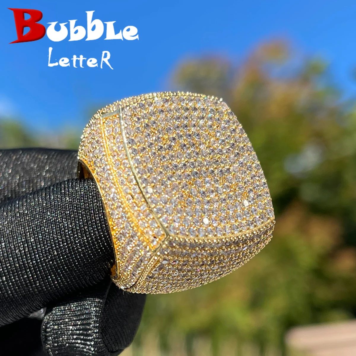 Bubble Letter Iced Out Ring for Men Real  Plated Prong Setting Copper CZ Stones  - $51.97