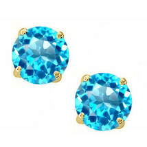 0.40 CT 3mm 14K Solid Yellow Gold Blue Topaz Round Shape Push Back Stud Earrings - £25.79 GBP