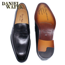 Men Loafers Shoes Genuine Leather Penny Loafer Slip On Pointed Toe Red Black Off - £98.05 GBP