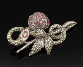 925 Silver - Vintage Flower With Snake Ruby &amp; Marcasite Brooch Pin - BP9908 - $69.78