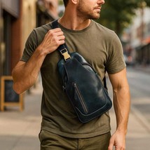 Blue Full-Grain Leather Sling Bag: Rugged Crossbody Travel Bag - $3,659.40 MXN