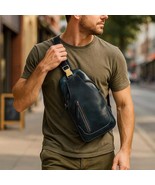 Blue Full-Grain Leather Sling Bag: Rugged Crossbody Travel Bag - $3,659.40 MXN