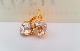 Gold Heart Earrings w/ Swarovski Crystals / Valentine&#39;s Love Gift / Lever-back S - £27.14 GBP