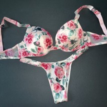 Victoria&#39;s Secret 34B,34D Bra Set Xs,S Panty Floral Satin Pink Rose Shine Strap - £71.05 GBP
