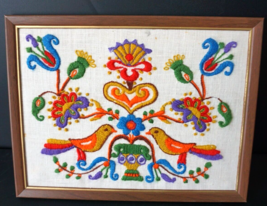 Vintage Hand Embroidered Multicolored Birds Flowers Framed Folk Art circ... - £51.66 GBP
