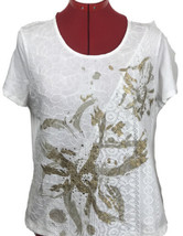 Zenergy by Chico&#39;s Floral Design Short Sleeve Beige Bling White Shirt MEDIUM  - £8.95 GBP