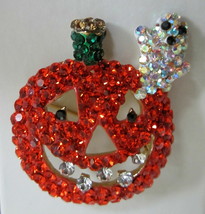 Ghost And JACK-o-LANTERN Pumpkin Pin Brooch Orange Rhinestones Halloween - £18.14 GBP