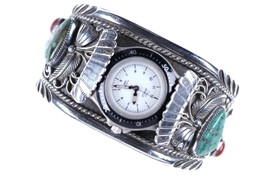 6 7/8&quot; Vintage Navajo Cuff Bracelet watch band Sterling Turquoise/Coral - £311.66 GBP