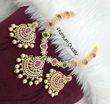 Indian Gold Plated Bollywood Style CZ AD Statement Necklace Pendent Jewelry Set - £56.81 GBP